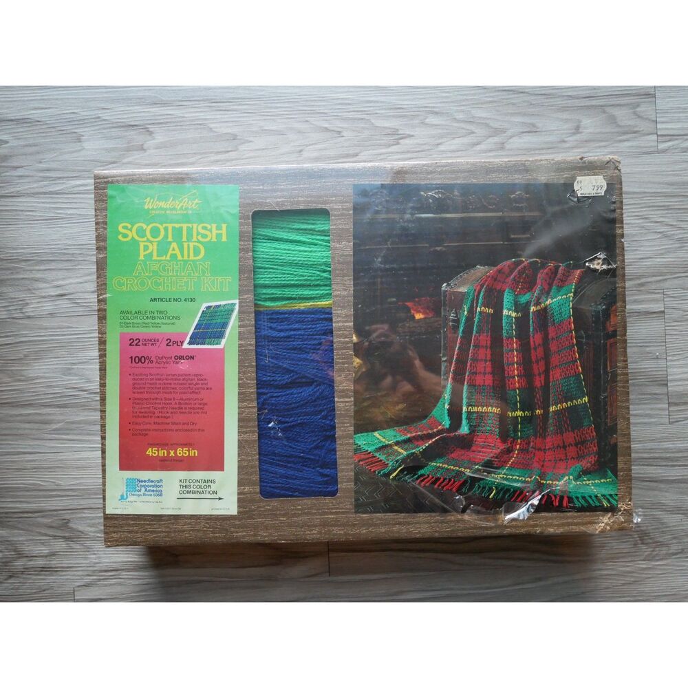 WonderArt Scottish Plaid Afghan Crochet Kit 4130 Blue Green Yellow Unused